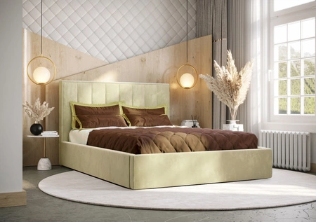 Polsterbett Rinus 140x200 mit Aufbewahrung Beige Modernes skandinavisches Stilbett mit bequemem Kopfteil