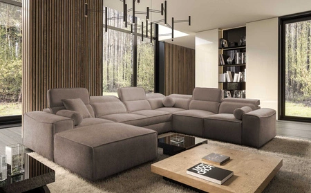Ecksofa mit Schlaffunktion Viano VIII hellbraun links modernes Ecksofa mit interessantem Design Container für Bettzeug