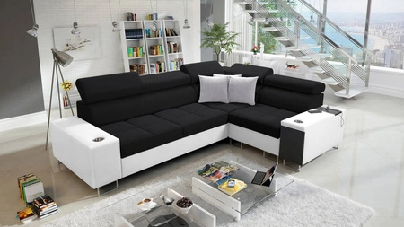 Ecksofa mit Schlaffunktion Dafni II schwarz-weißes, rechts geflochtenes Ecksofa mit Bettzeugstauraum und Schublade mit Vollauszug