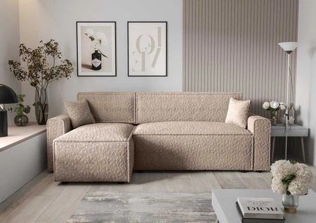 Ecksofa mit Schlaffunktion Brandon Bis beige linke Seite weicher Stoff mit charakteristischer Schlingenoberfläche Bettzeugbehälter