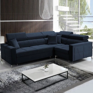 Nausa II Ecksofa mit Schlaffunktion marineblaues Samtecksofa rechts mit Ziernähten auf der Sitzfläche Ecksofa mit Bettzeugablage