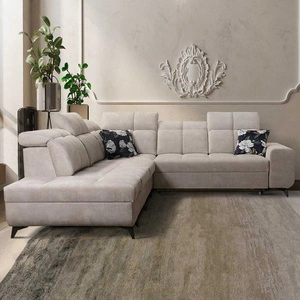 Ecksofa mit Schlaffunktion Buffalo IX beige linke Seite stilvolles Ecksofa für Zimmer aus Veloursstoff Zierkissen