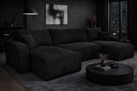 Ecksofa mit Schlaffunktion Fiesta U XL schwarz elegantes Ecksofa für Wohnzimmer mit Bettzeugablage Kordelstoff