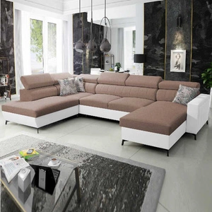 Ecksofa mit Schlaffunktion Savona VI hellbraun / weiß rechts bequemes Ecksofa für das Wohnzimmer mit zwei Bettkästen