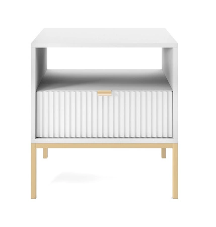 Lovro Nachttisch mit Schublade weiß geschmackvoll geriffelt Dekor ideal Schlafzimmer Schrank Gold Metall Zubehör
