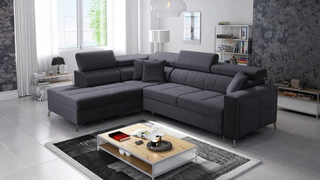 Ecksofa mit Schlaffunktion Nausa III graphit links Samt stilvolles bequemes Ecksofa verstellbare Kopfstützen Bettzeugcontainer