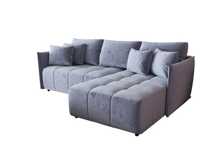 Ecksofa mit Schlaffunktion Oroso blau rechte Ecke weicher Samtstoff mit hydrophober Beschichtung Leinencontainer