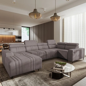 Ecksofa mit Schlaffunktion Castel IV grau-braun linksseitig stilvolles Ecksofa mit Bettzeugcontainer und verstellbaren Kopfstützen