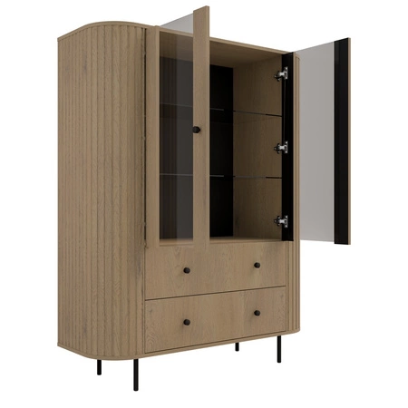 Vitrina Ovalio 123 cm Eiche cremona Designer Vitrine für Wohnzimmer mit ovaler Form und dekorativen Fräsungen geräumige Schubladen
