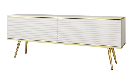 TV-Schrank Luxury 135 cm weiß elegantes Design stilvolle geriffelte Front Korpus mit goldenen Zierleisten goldenen Metallbeinen gekrönt