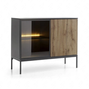 Amma 104 cm Kommode schwarz / Eiche wotan unkonventionelles Design geriffelte und verglaste Fronten mit push to open System