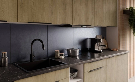 Küchenmöbel Set Cremona 300 cm elegante Küchenschränke mit Metallkantengriffen Schrank mit Ladekorb