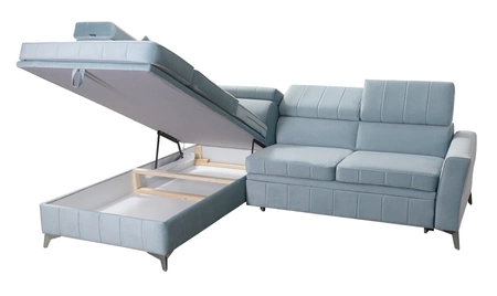 Ecksofa mit Schlaffunktion Rava III grau Esche links Samt komfortables Ecksofa mit verstellbaren Kopfstützen und einem Bettzeugbehälter