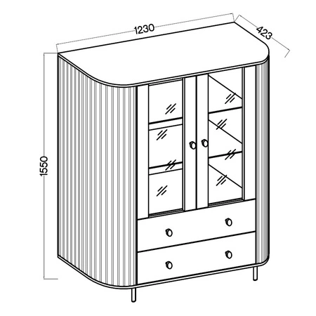 Vitrina Ovalio 123 cm Eiche cremona Designer Vitrine für Wohnzimmer mit ovaler Form und dekorativen Fräsungen geräumige Schubladen