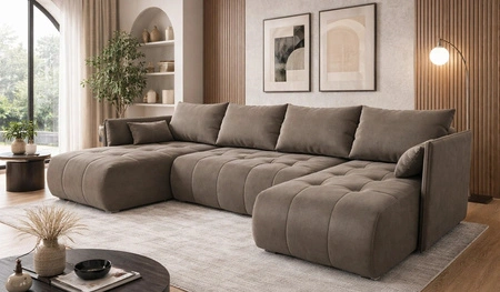 Ecksofa mit Schlaffunktion Selva U dunkelbeige Ein interessant präsentiertes Ecksofa aus Stoff mit einer plüschigen Oberfläche