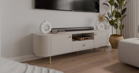 TV Schrank Ovalio 181 cm beige unkonventionelle TV-Schrank für Wohnzimmer Metall dekorative Accessoires Fräsen