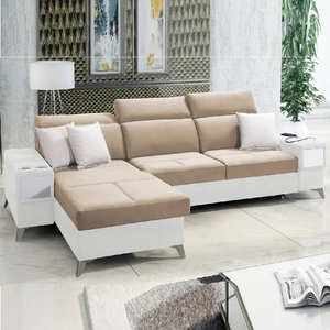 Ecksofa mit Schlaffunktion Elgin beige/weiß linkes Ecksofa mit verstellbaren Kopfstützen praktische Schubladen in Möbelseiten