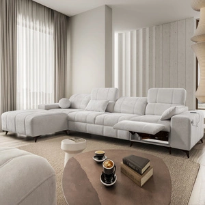 Ecksofa mit Schlaffunktion Penejos XII Lux graue Esche linke Seite stilvolles Ecksofa mit bequemer ausziehbarer Fußstütze