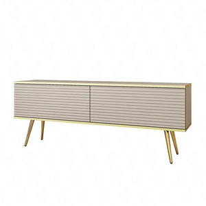 TV-Schrank Luxury 135 cm beige elegantes Design stilvolle geriffelte Front Korpus mit goldenen Zierleisten goldenen Metallbeinen gekrönt