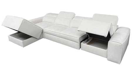 Ecksofa mit Schlaffunktion Viano XII creme links stilvolles Ecksofa mit interessanter Form verstellbare Kopfstützen Zierkissen