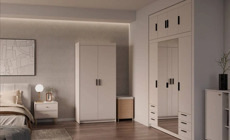 Kleiderschrank Rene 90 cm beige sand modernes Design perfekte Garderobe für Schlafzimmer Kleiderschrank oder Flur stilvolle schwarze Griffe