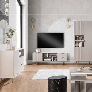 Wohnzimmer Möbel-Set Sula beige mit Metall Griffe dekorative geriffelte Fronten Push-to-Open-System bereichert