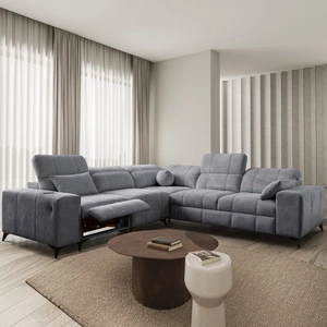 Ecksofa mit Schlaffunktion Penejos III Lux grau linksseitiges Komfort-Ecksofa für das Wohnzimmer mit ausziehbarem Fußteil Bettwäsche-Container