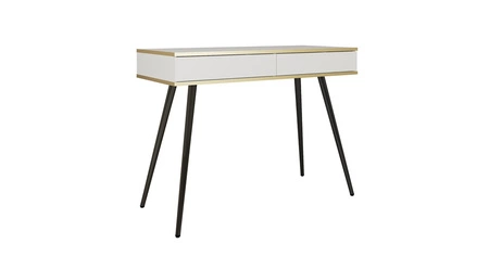 Luxuriöse weiße Konsole mit Schubladen stilvolle und elegante Schminktisch auf hohen schwarzen Beinen Körper mit goldenen trim gekrönt unterstützt