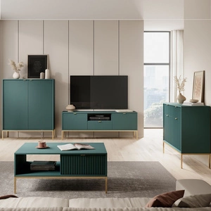 Möbelset Lovro pastellgrün modernes Design Wohnwand angereichert mit goldenem Metall Zubehör Wohnzimmermöbel