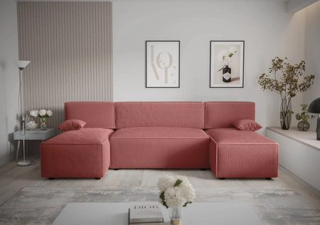 Ecksofa mit Schlaffunktion Brandon U Indischer rosa Bettzeugcontainer dreidimensionaler Stoff mit ausdrucksvollen Streifen