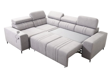 Ecksofa mit Schlaffunktion Castel II hellbraun links komfortables Ecksofa mit verstellbaren Kopfstützen Container für Bettzeug