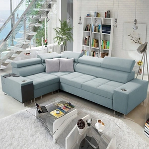 Ecksofa mit Schlaffunktion Dafni II arktikblau links geflochtenes Ecksofa mit Bettzeugschublade in der Seite des Möbels