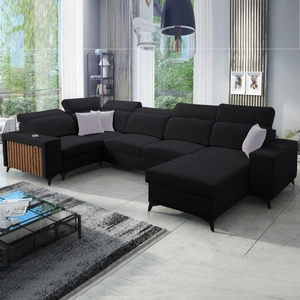 Ecksofa mit Schlaffunktion Kelly IV schwarz rechts geflochten bequemes Ecksofa verstellbare Kopfstützen seitlich mit Latten verkleidet