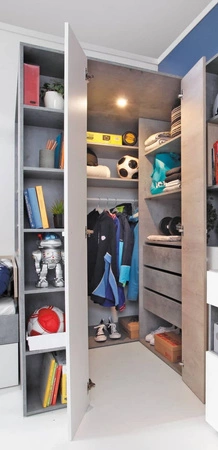 Eck-Kleiderschrank Epsilon Beton / Weiß / Eiche ideal als Nutz- und geräumiger Kleiderschrank mit Schubladen und Einlegeböden