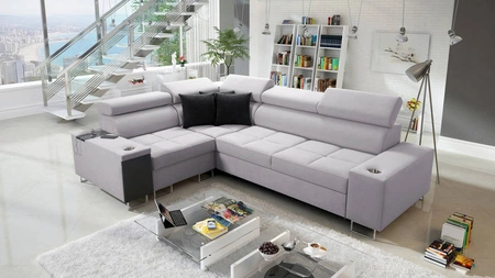 Ecksofa mit Schlaffunktion Dafni II grau Esche links geflochtenes Ecksofa mit Bettzeugschublade in der Seite des Möbels