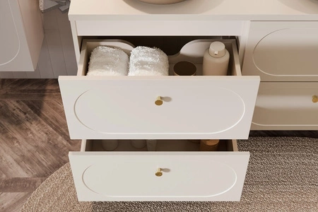 Badmöbel-Set Donna Sand beige elegante Badezimmerschränke mit dekorativen abgerundeten Fräsungen an den Fronten Goldgriffe