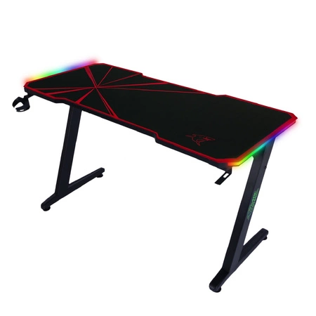 Zeo Gaming-Schreibtisch schwarz/rot Designer-Schreibtisch rutschfeste Carbonplatte voll gepolstert LED-Beleuchtung