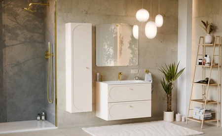 Waschtischunterschrank Donna Sand 80 cm beige eleganter Hängeschrank mit dekorativer Umrandung goldene Griffe aus Metall