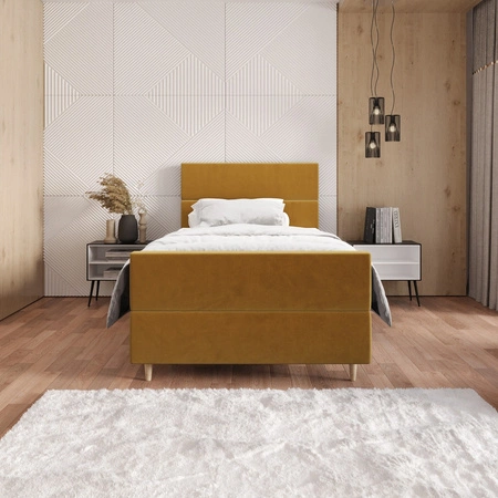 Boxspringbett Benet 100x200 Senfgelb im modernen skandinavischen Stil mit gepolstertem Kopf- und Fußteil Bett mit Staukasten