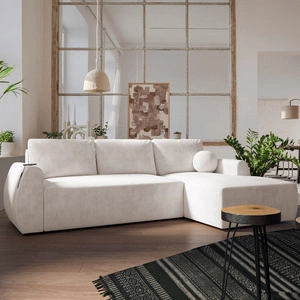 Ecksofa mit Schlaffunktion Colio creme rechts stilvolles Ecksofa mit interessanter Form Veloursstoff Zierkissen Ball