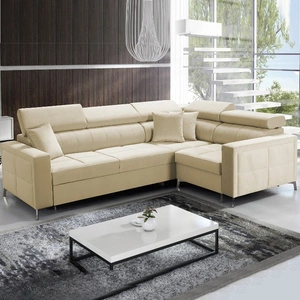 Ecksofa mit Schlaffunktion Nausa II beige rechtes Ecksofa Samt Ziernähte auf der Sitzfläche Ecksofa mit Bettzeugkasten