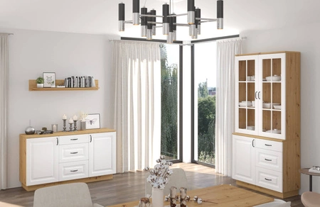 Scandi 100 cm handwerkliche Eiche / weiß klassisches Design Sicherheitsglas stilvoll gefräste Fronten Metallgriffe