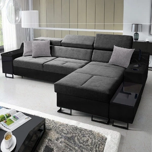 Ecksofa mit Schlaffunktion Alcamo grau/schwarz rechte Ecke elegantes und stilvolles Ecksofa mit einer ausziehbaren praktischen Schublade an der Seite des Möbels