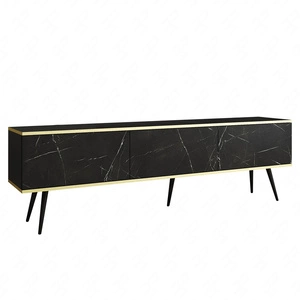 TV-Schrank Luxury 175 cm schwarzer Marmor eleganter Designkorpus mit goldener Zierleiste Schrank auf schwarzen Metallbeinen