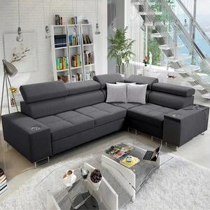 Ecksofa mit Schlaffunktion Dafni II graphit rechtwinkliges geflochtenes Ecksofa mit Bettzeugschublade in der Seite des Möbels