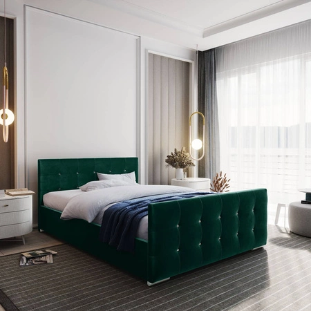 Polsterbett Alford 180x200 in Flaschengrün mit Stauraum im modernen skandinavischen Stil mit gestepptem Kopf- und Fußteil mit Kristallen verziert