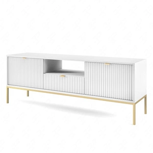 TV Schrank Lovro 154 cm weiß modernes Design wird Liebhaber von ausdrucksstarken Interieurs begeistern goldene Metall-Accessoires