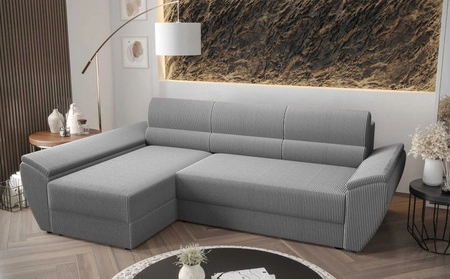 Ecksofa mit Schlaffunktion Fogu III grau Esche links Stilvolles Ecksofa mit Armlehnen Container für Bettzeug Kordelstoff