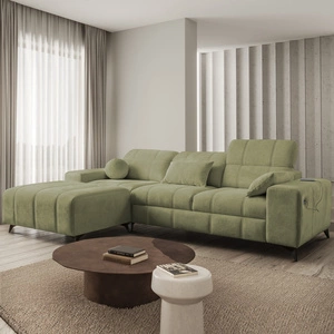 Ecksofa mit Schlaffunktion Penejos olive links elegantes Ecksofa mit Bettzeugablage bequem verstellbare Kopfstützen