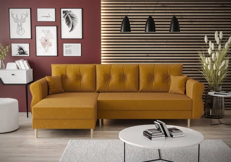Ecksofa mit Schlaffunktion Wilkins Senf links stilvolles und modernes Design, das sich in jede Einrichtung einfügt